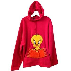 Vintage Tweety Bird Warner Bros Pink Fleece Hoodie Hand Warmer Oversized WM SZ M